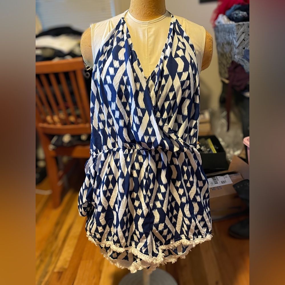 Blue and White Romper Geometric western boho beaded stretchy V-neck wrap beach